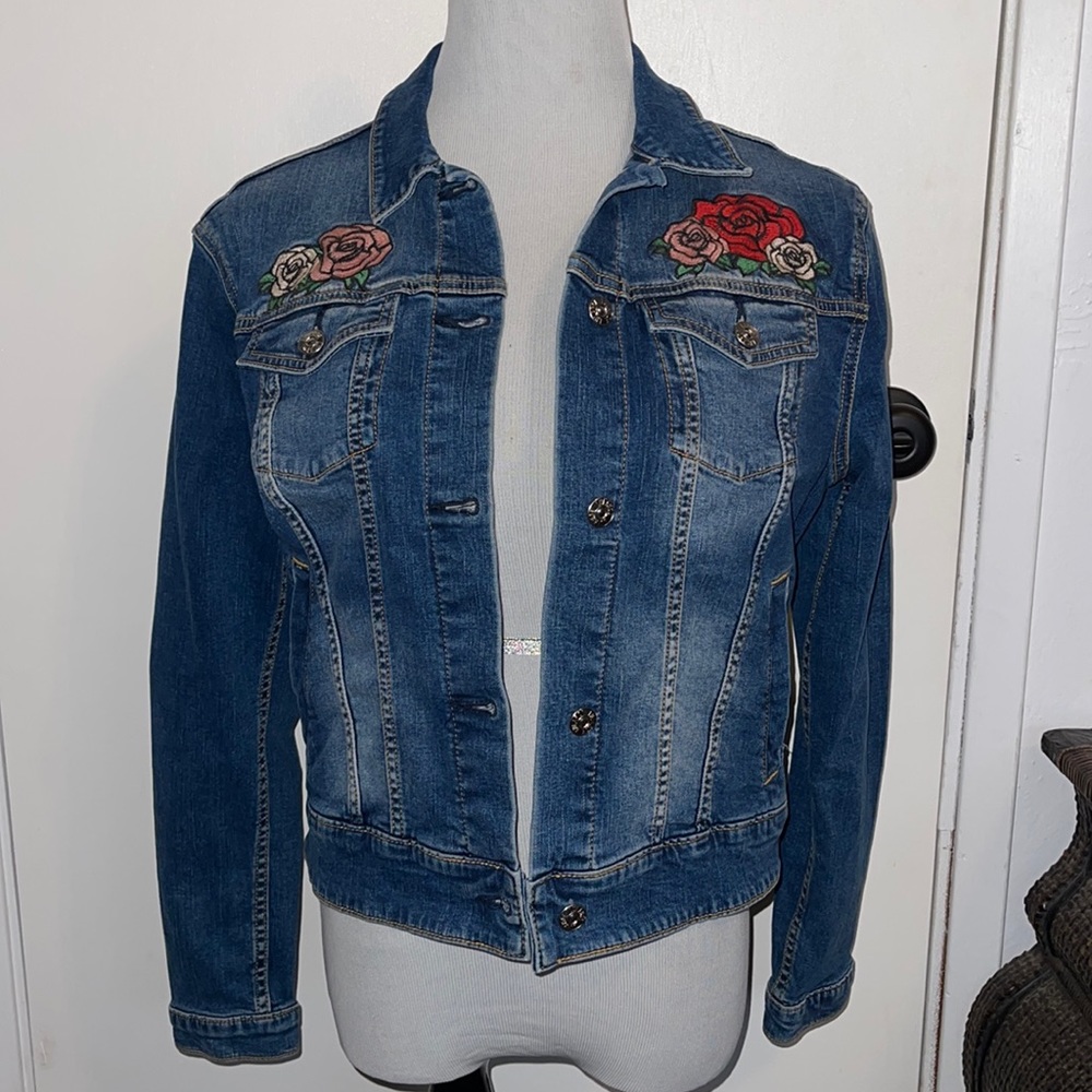LuLaRoe Jean Jacket with Roses & Multiple Pockets!